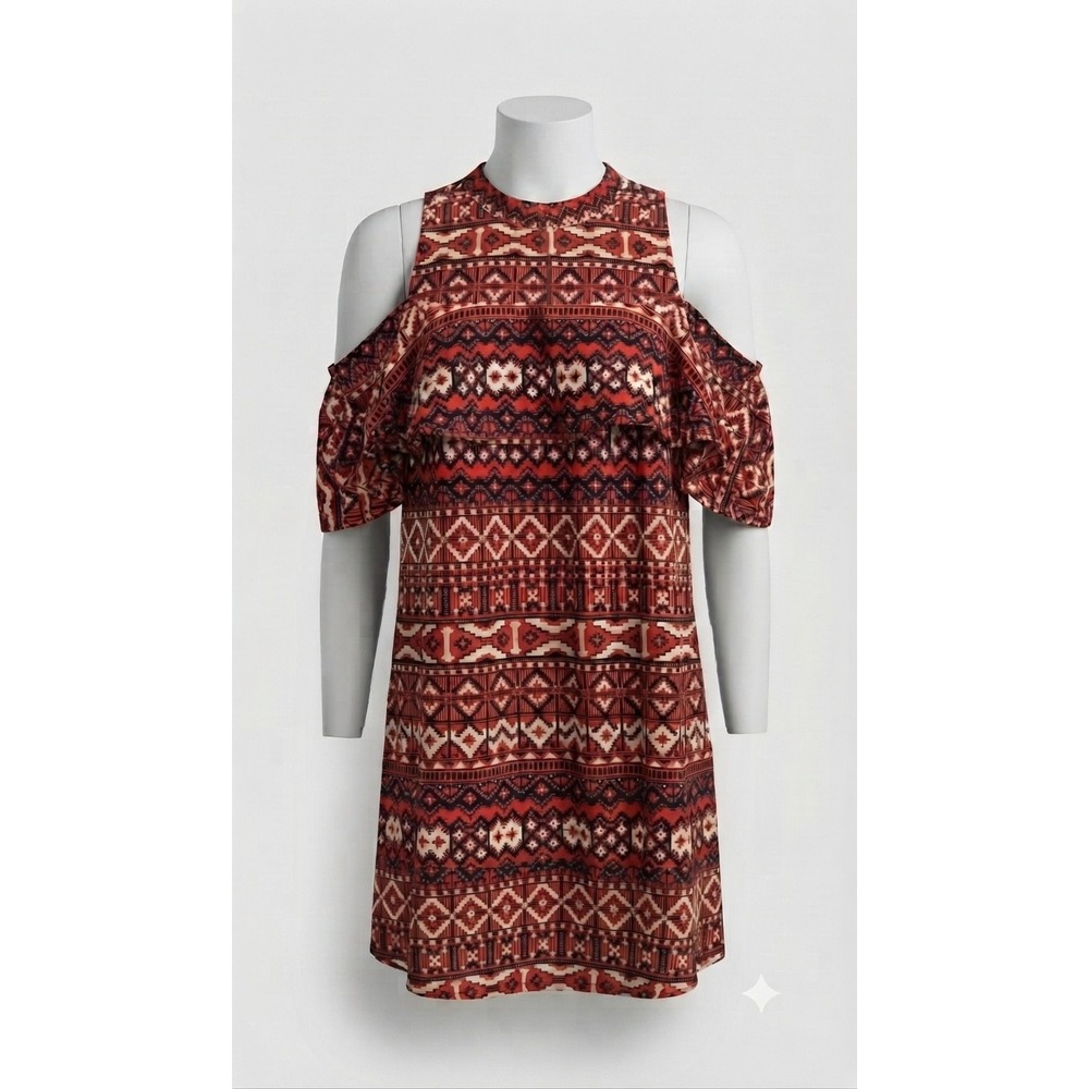 Collective Concepts Red Geometric Tribal Cold Shoulder Ruffle Shift Dress Large‎